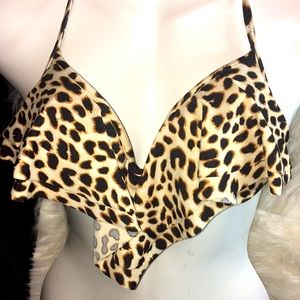 NWOT VS PINK Flounce Halter  Bikini Top in Leopard Print w/ Ruffle Accents